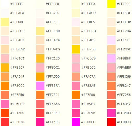 各種顏色代碼圖表大全 RGB顏色代碼對照