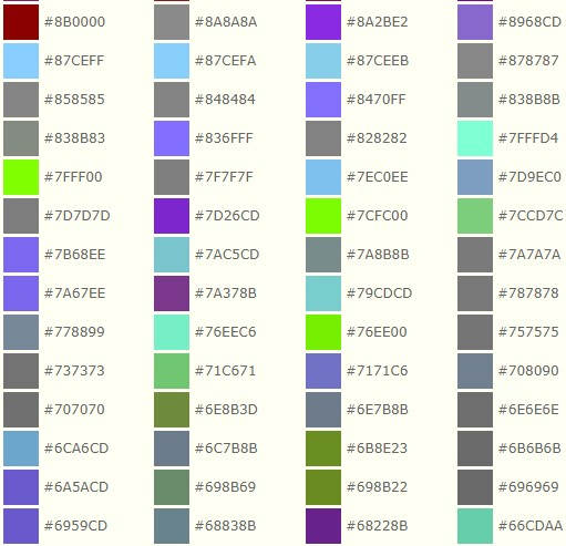 各種顏色代碼圖表大全 RGB顏色代碼對照