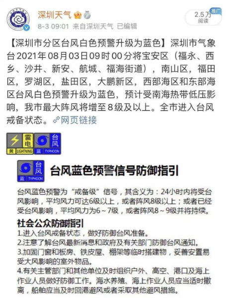 深圳發(fā)布臺風藍色預警 南海熱帶低壓生成